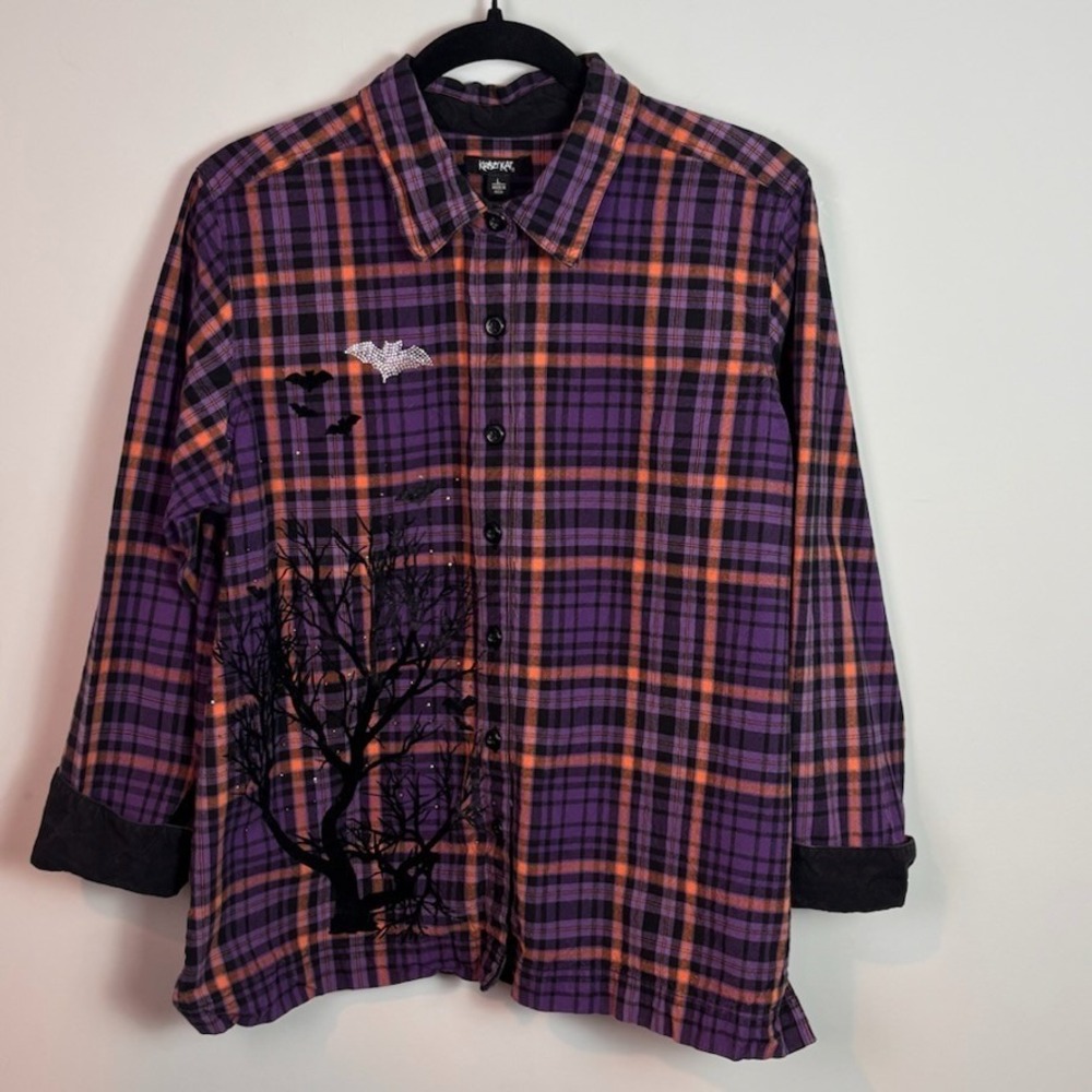 Krazy Kat Womens Purple Orange Plaid Halloween Theme Button up sz Large *Flaw*